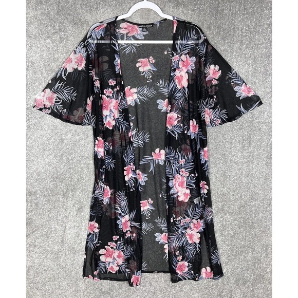Moral Fiber Floral Mesh Open Front Flutter Sleeve Duster Cover Up Womens Size 2X - Picture 1 of 13